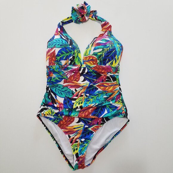 Lauren Ralph Lauren Tropical Leaf Print Swimsuit One Piece Multicolor Size 12 - Picture 1 of 10